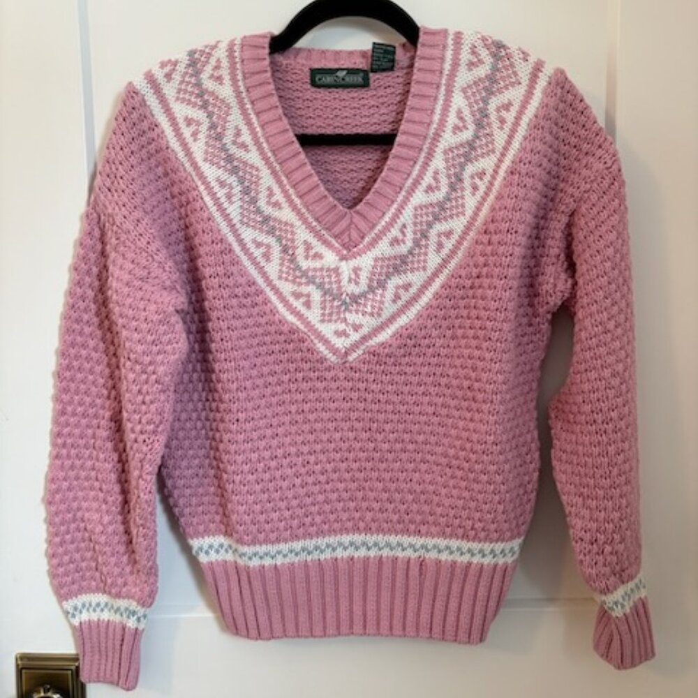 Vintage Cabin Creek Pink Cotton Knit V-Neck Sweater – Women’s M | Cottagecore